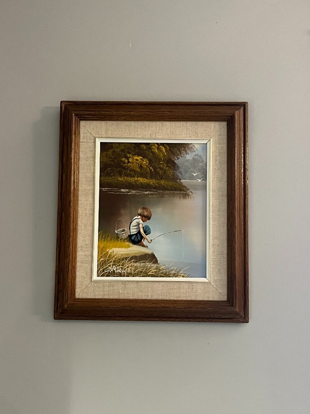 Oil Painting Vintage C. Manuel Original  Boy Fishing Lake Wood Cottage Cabin